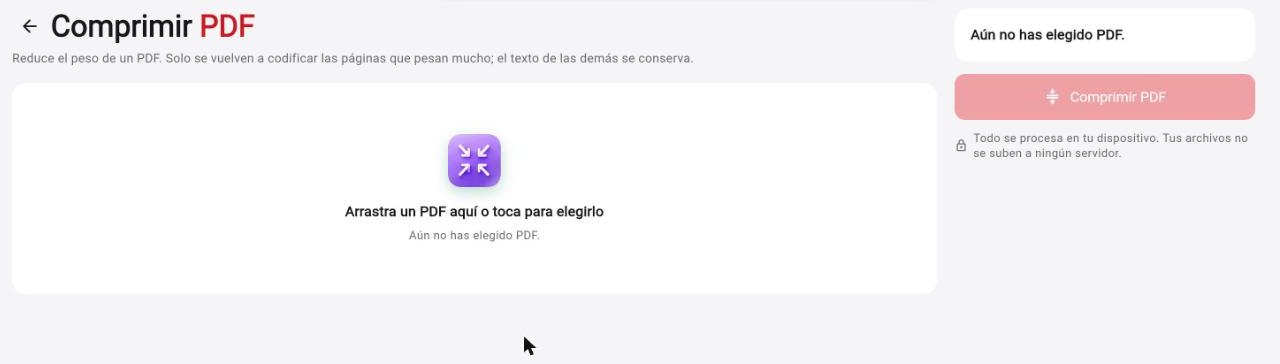 Pantalla de Comprimir PDF en Rayo PDF GO