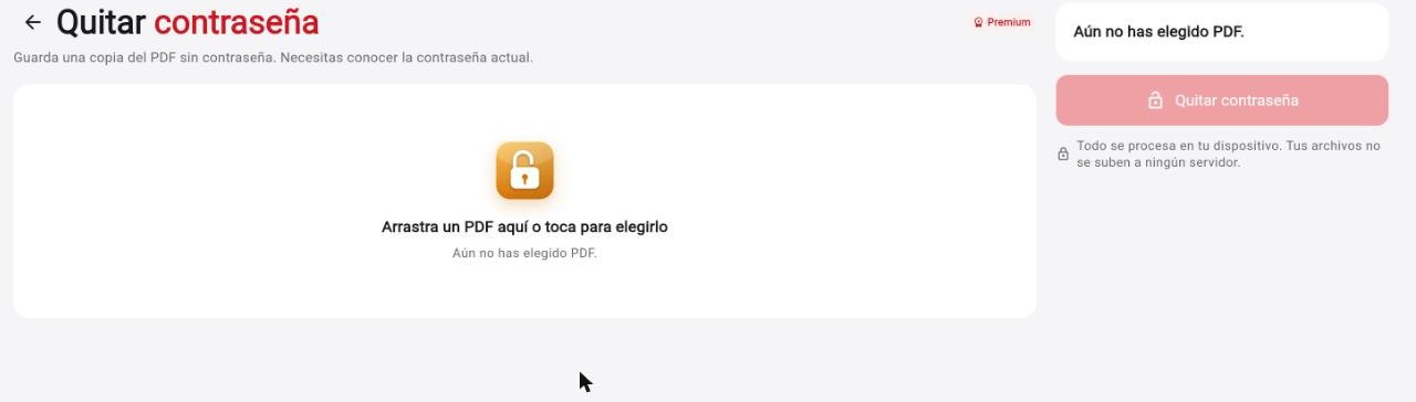Pantalla de Quitar contraseña en Rayo PDF GO
