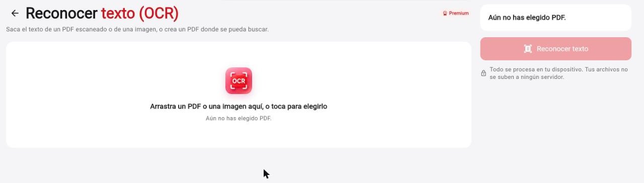 Pantalla de Reconocer texto (OCR) en Rayo PDF GO