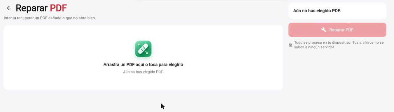 Pantalla de Reparar PDF en Rayo PDF GO